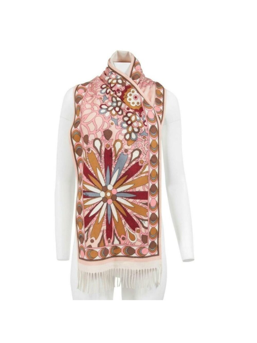 Emilio Pucci Scarf 62.5x13 Pink Red  Floral Psychedelic Fringe Shawl Neck Wrap
